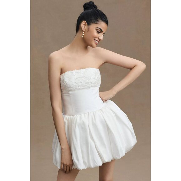 BHLDN x Anthropologie Strapless Floral Applique Bubble Hem White Mini Dress - Picture 1 of 16